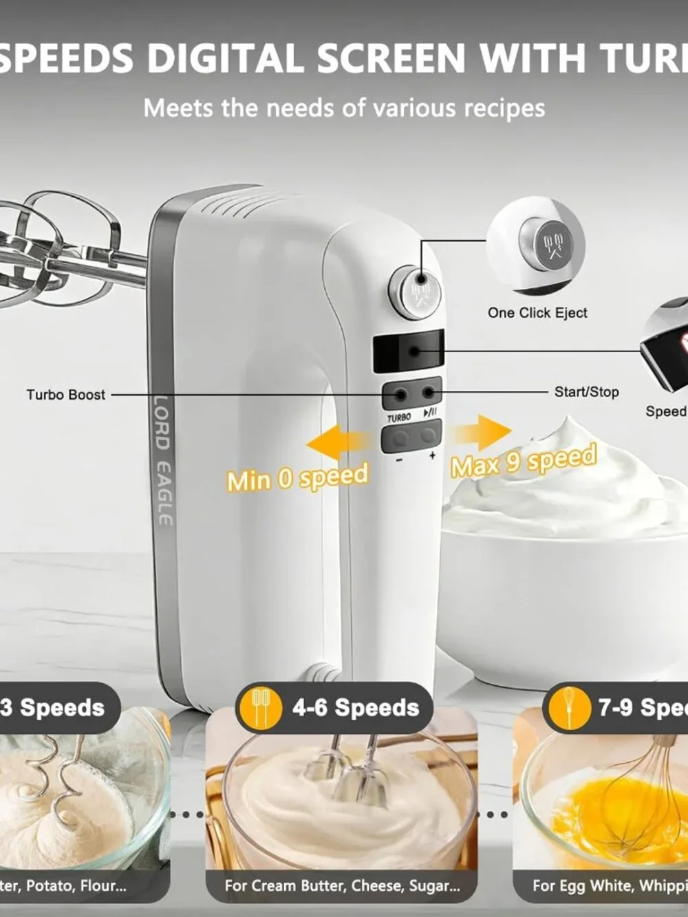 Electric Hand Mixer 9 Speed Digital 500W DC Motor Lord Eagle Handheld